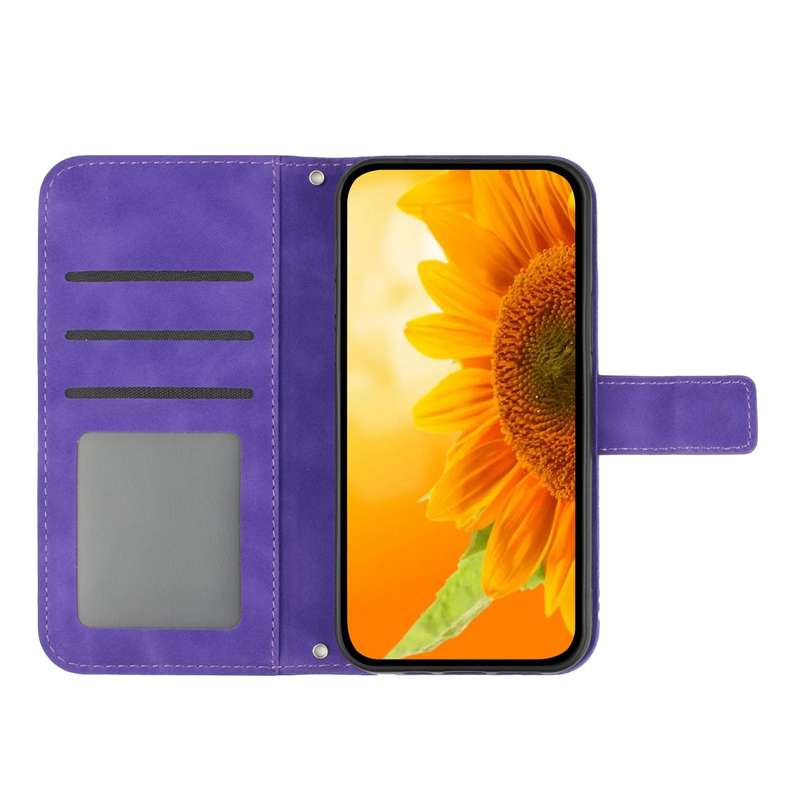 For iPhone 16 Skin Feel Sun Flower Embossed Flip Leather Phone Case with Lanyard(Dark Purple)