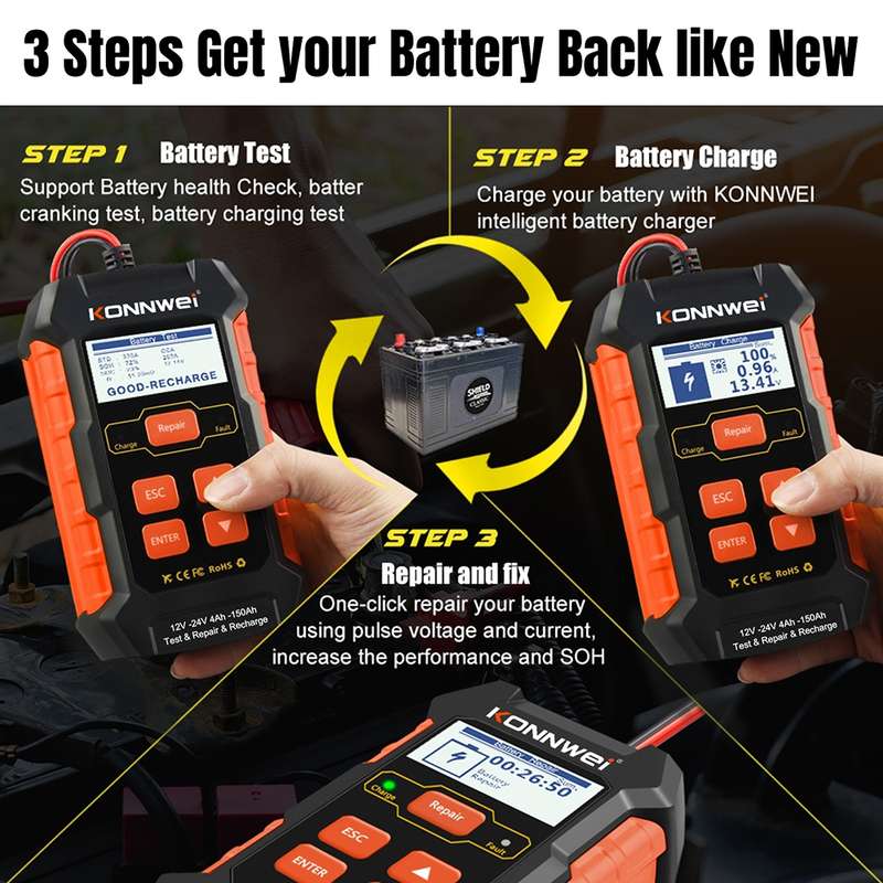 KONNWEI KW520 12V / 24V 3 in 1 Car Battery Tester with Detection & Repair & Charging Function(US Plu