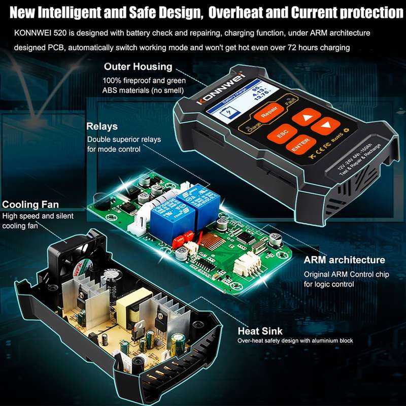 KONNWEI KW520 12V / 24V 3 in 1 Car Battery Tester with Detection & Repair & Charging Function(US Plu
