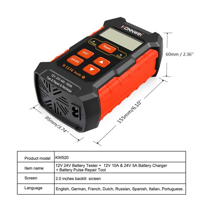 KONNWEI KW520 12V / 24V 3 in 1 Car Battery Tester with Detection & Repair & Charging Function(UK Plu