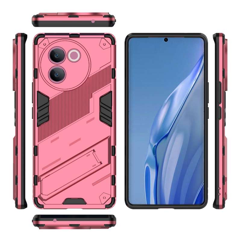 For vivo V30e 5G Global Punk Armor 2 in 1 PC + TPU Phone Case with Holder(Light Red)