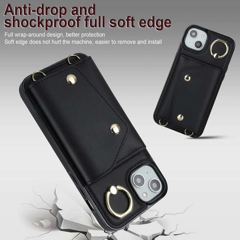 For iPhone 14 Zipper Card Bag Phone Case with Dual Lanyard(Brown)