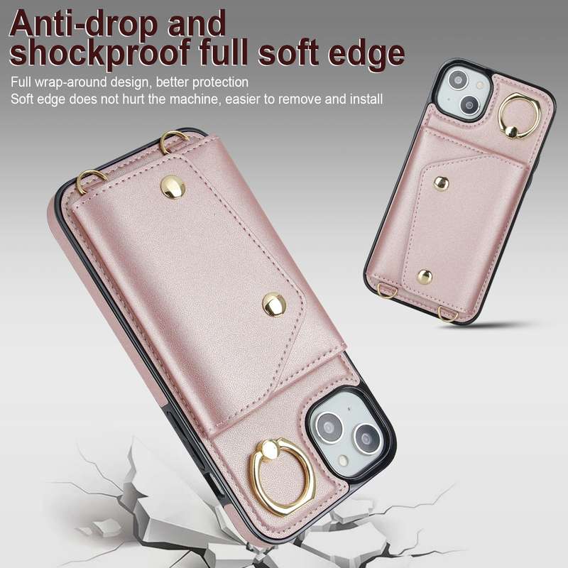 For iPhone 14 Zipper Card Bag Phone Case with Dual Lanyard(Brown)