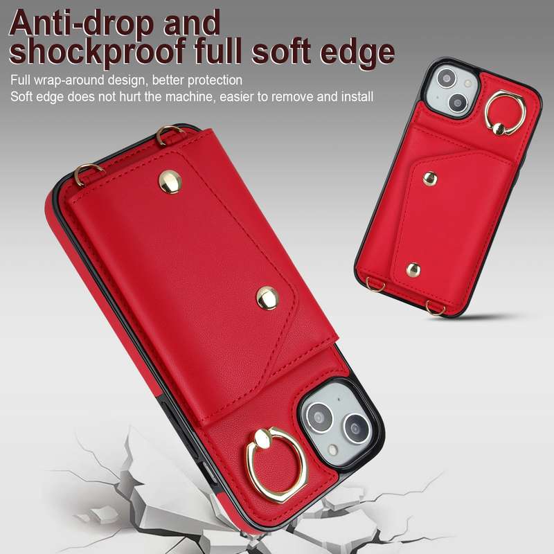 For iPhone 14 Zipper Card Bag Phone Case with Dual Lanyard(Brown)