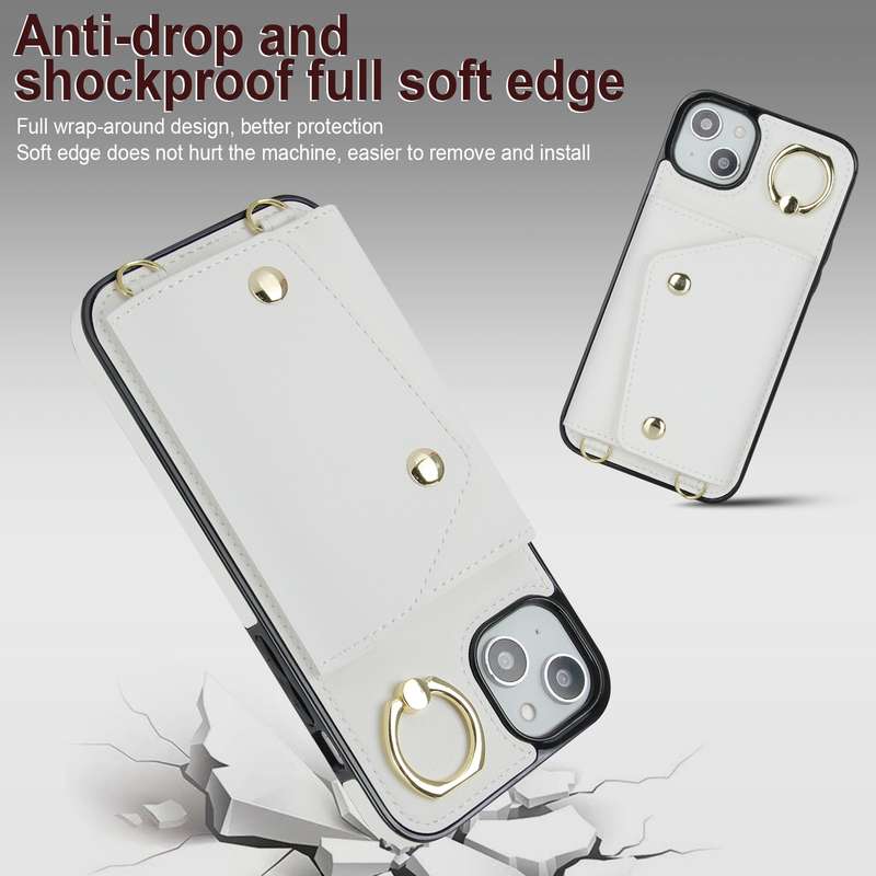 For iPhone 14 Zipper Card Bag Phone Case with Dual Lanyard(Brown)