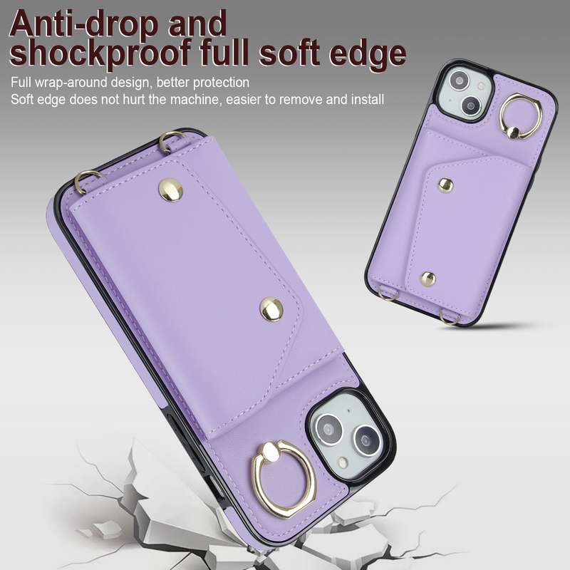 For iPhone 14 Zipper Card Bag Phone Case with Dual Lanyard(Brown)