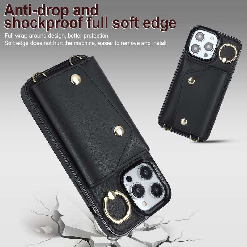 For iPhone 13 Pro Max Zipper Card Bag Phone Case with Dual Lanyard(Brown)