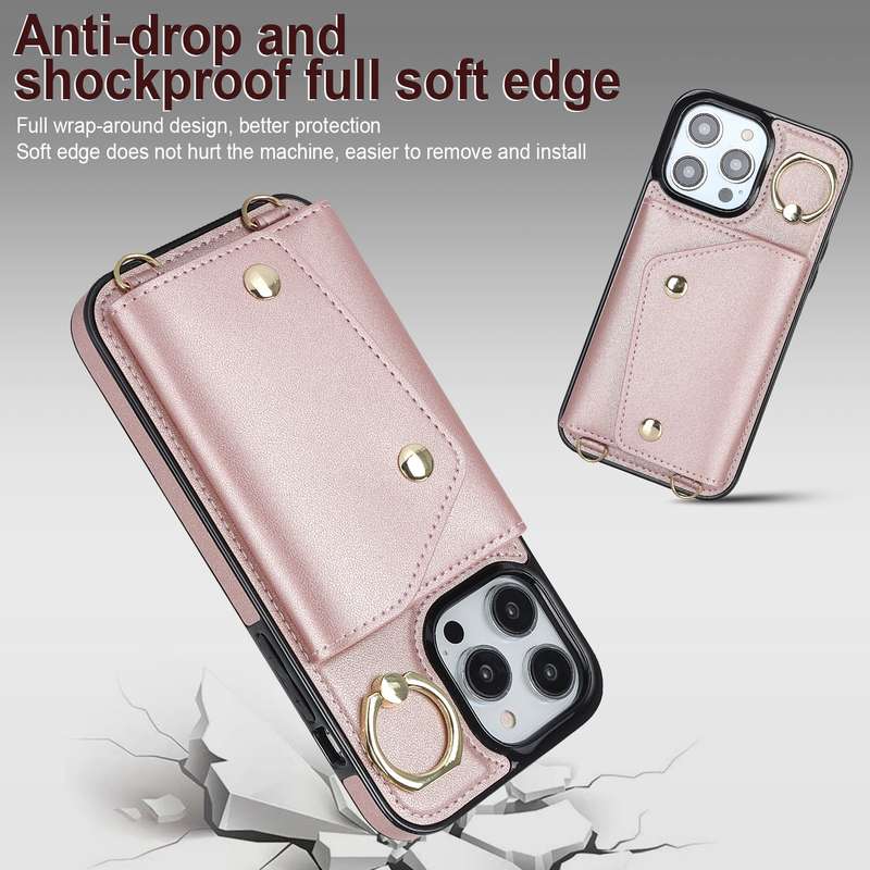 For iPhone 13 Pro Max Zipper Card Bag Phone Case with Dual Lanyard(Brown)
