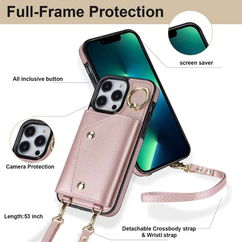 For iPhone 13 Pro Max Zipper Card Bag Phone Case with Dual Lanyard(Brown)