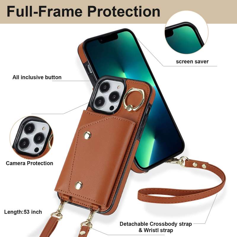 For iPhone 13 Pro Max Zipper Card Bag Phone Case with Dual Lanyard(Brown)