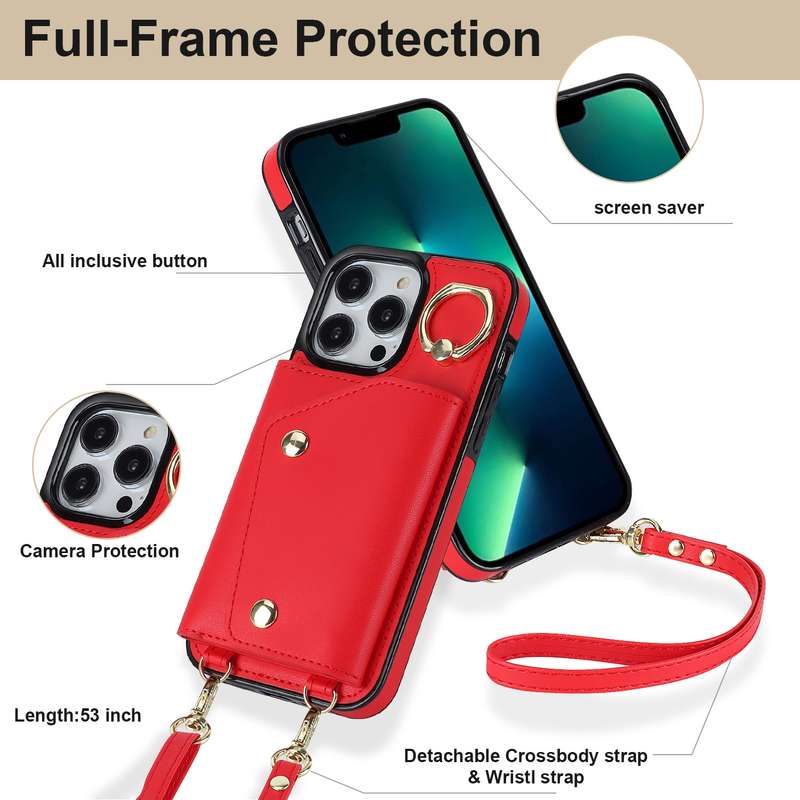 For iPhone 13 Pro Max Zipper Card Bag Phone Case with Dual Lanyard(Brown)