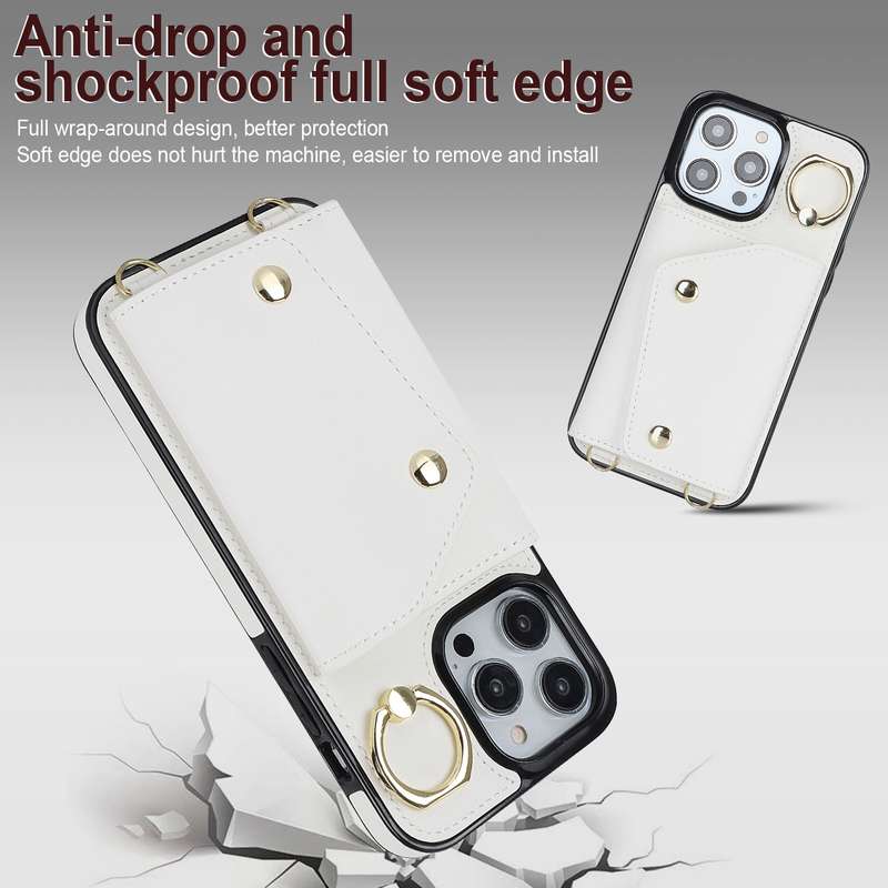For iPhone 13 Pro Max Zipper Card Bag Phone Case with Dual Lanyard(Brown)