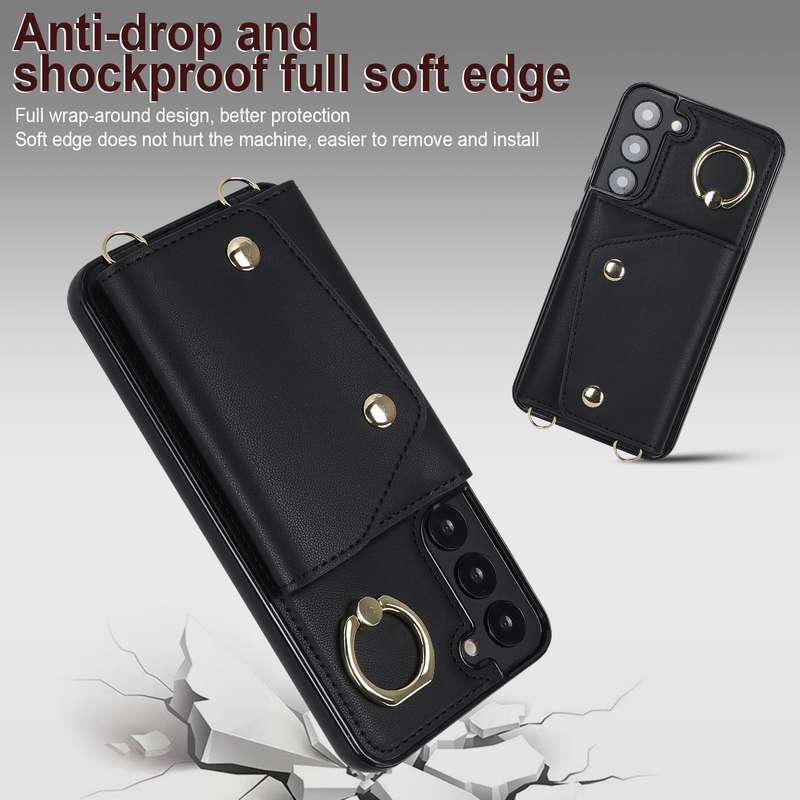 For Samsung Galaxy S22+ 5G Zipper Card Bag Phone Case with Dual Lanyard(Black)
