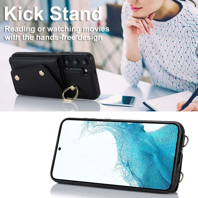 For Samsung Galaxy S22+ 5G Zipper Card Bag Phone Case with Dual Lanyard(Black)
