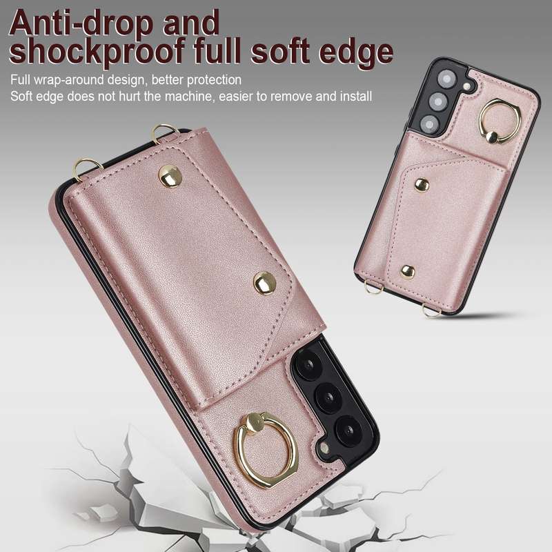 For Samsung Galaxy S22+ 5G Zipper Card Bag Phone Case with Dual Lanyard(Black)