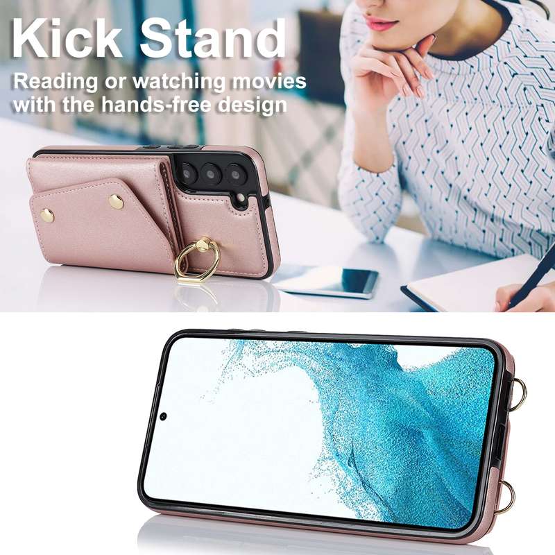 For Samsung Galaxy S22+ 5G Zipper Card Bag Phone Case with Dual Lanyard(Black)