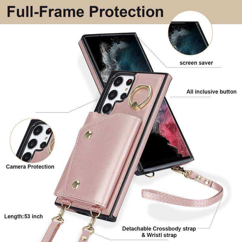 For Samsung Galaxy S22 Ultra 5G Zipper Card Bag Phone Case with Dual Lanyard(Purple)
