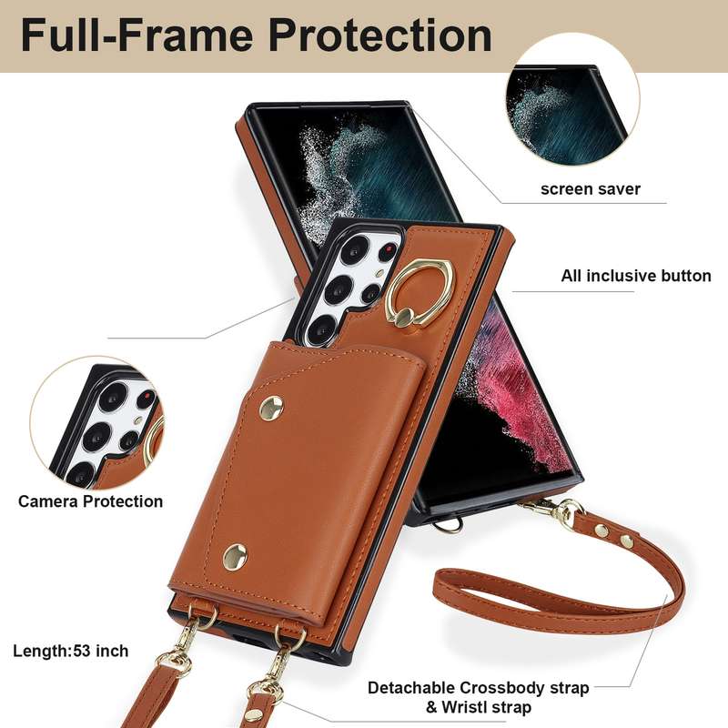 For Samsung Galaxy S22 Ultra 5G Zipper Card Bag Phone Case with Dual Lanyard(Purple)