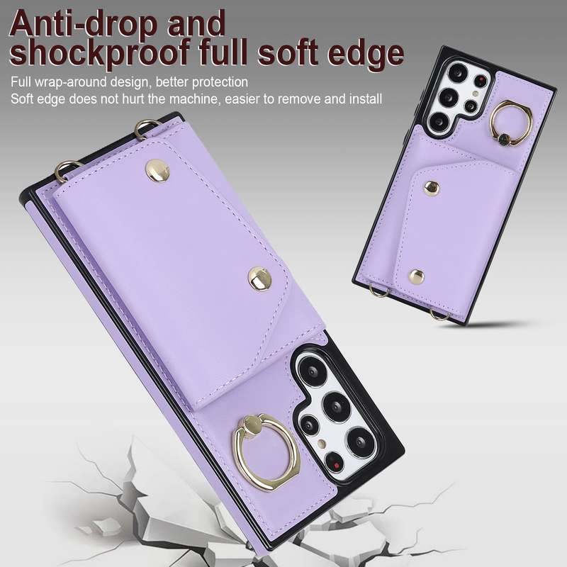 For Samsung Galaxy S22 Ultra 5G Zipper Card Bag Phone Case with Dual Lanyard(Purple)