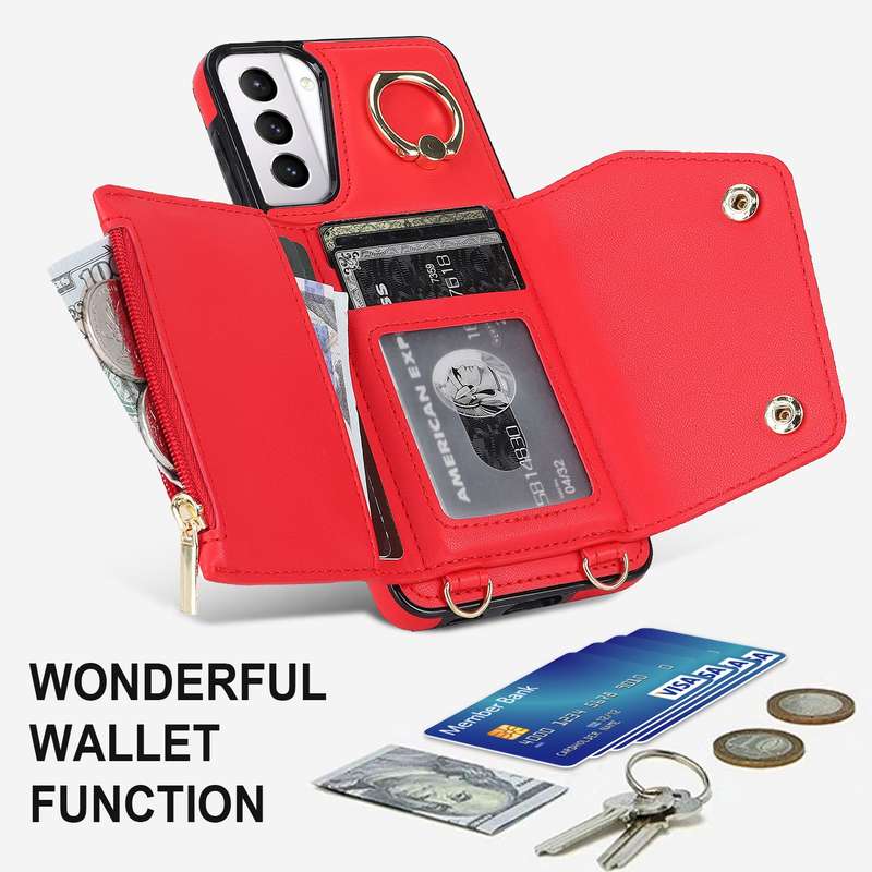 For Samsung Galaxy S21 5G Zipper Card Bag Phone Case with Dual Lanyard(Rose Gold)