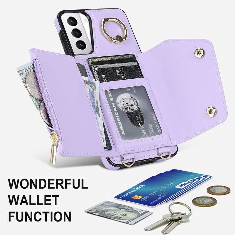 For Samsung Galaxy S21 5G Zipper Card Bag Phone Case with Dual Lanyard(Rose Gold)