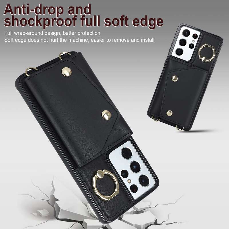 For Samsung Galaxy S21 Ultra 5G Zipper Card Bag Phone Case with Dual Lanyard(Rose Gold)