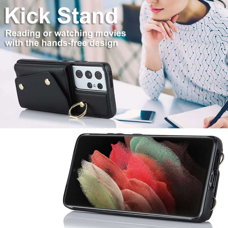 For Samsung Galaxy S21 Ultra 5G Zipper Card Bag Phone Case with Dual Lanyard(Rose Gold)