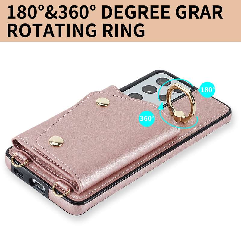 For Samsung Galaxy S21 5G Zipper Card Bag Phone Case with Dual Lanyard(Rose Gold)