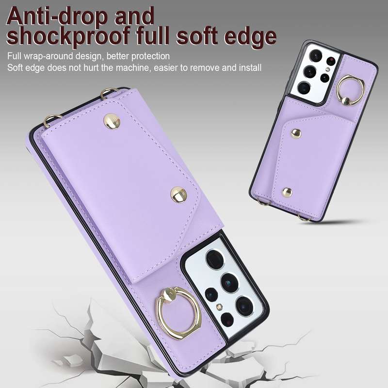 For Samsung Galaxy S21 Ultra 5G Zipper Card Bag Phone Case with Dual Lanyard(Rose Gold)