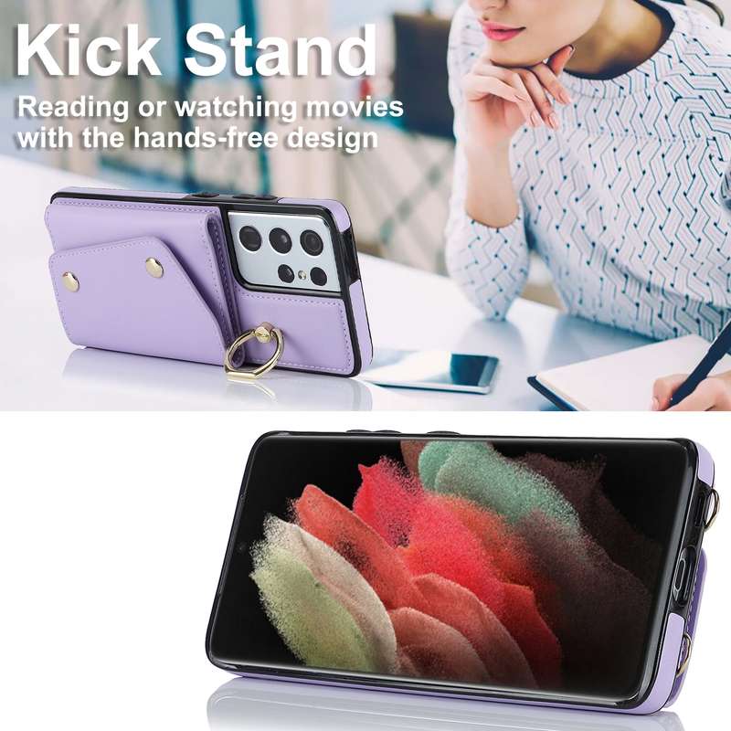 For Samsung Galaxy S21 Ultra 5G Zipper Card Bag Phone Case with Dual Lanyard(Rose Gold)