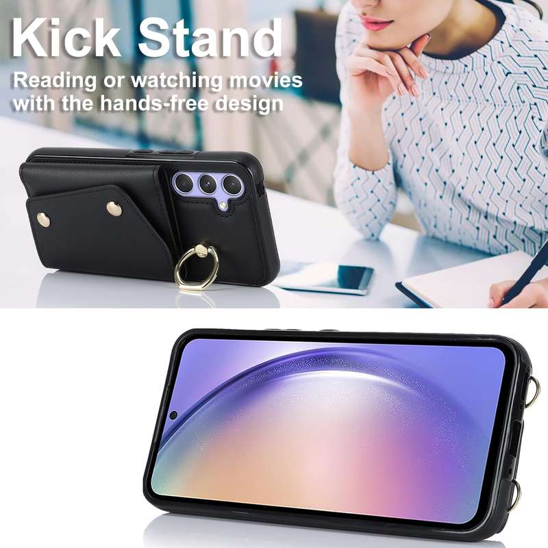 For Samsung Galaxy A54 5G Zipper Card Bag Phone Case with Dual Lanyard(Rose Gold)