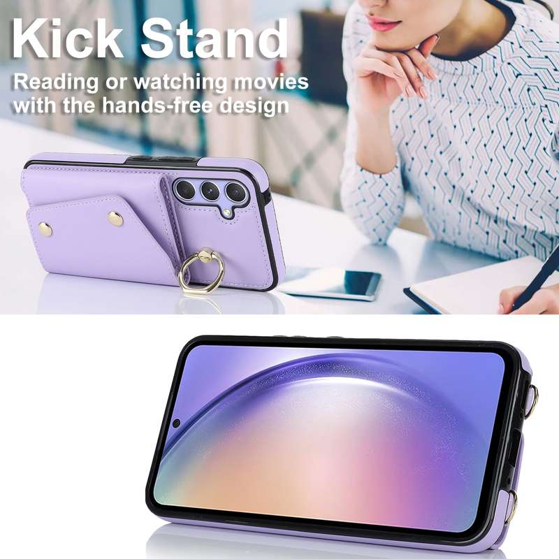 For Samsung Galaxy A54 5G Zipper Card Bag Phone Case with Dual Lanyard(Rose Gold)