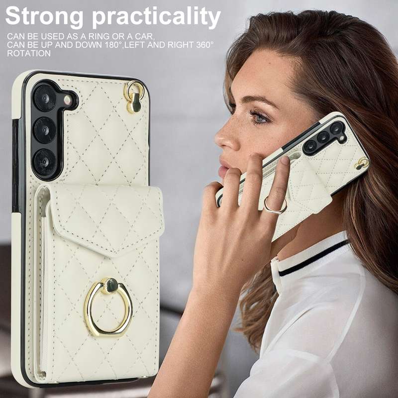 For Samsung Galaxy S23 5G Rhombic Texture Card Bag Phone Case with Long Lanyard(Brown)
