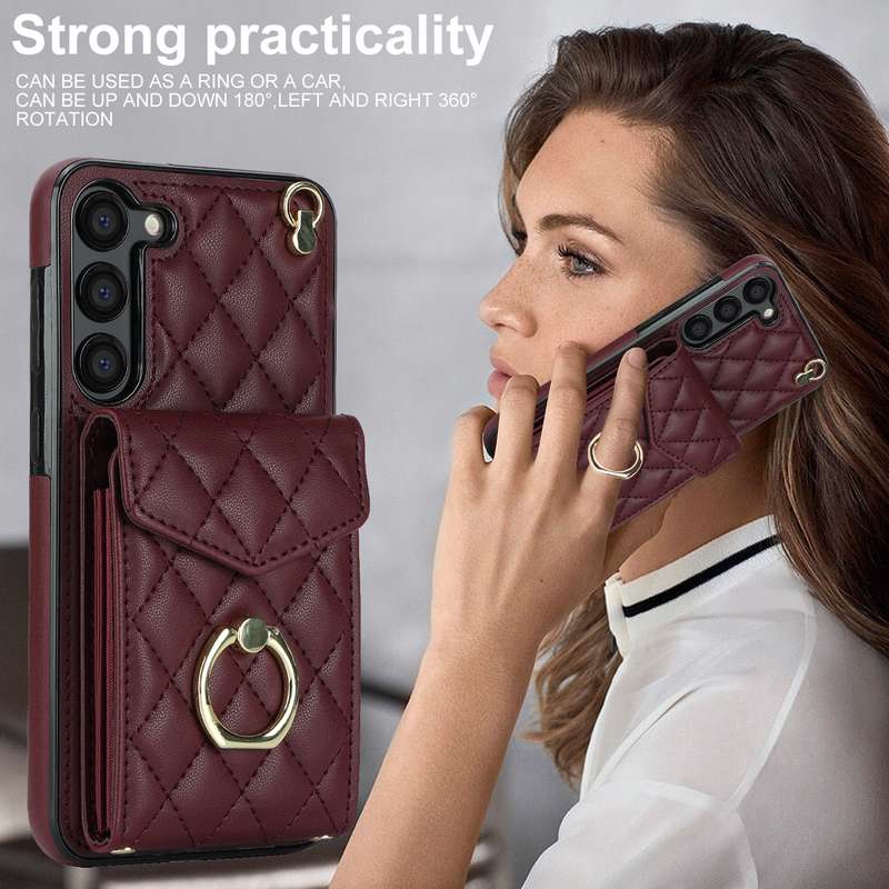 For Samsung Galaxy S23 5G Rhombic Texture Card Bag Phone Case with Long Lanyard(Brown)