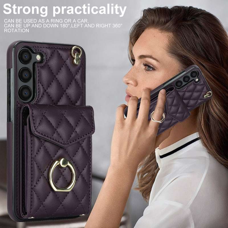 For Samsung Galaxy S23 5G Rhombic Texture Card Bag Phone Case with Long Lanyard(Brown)