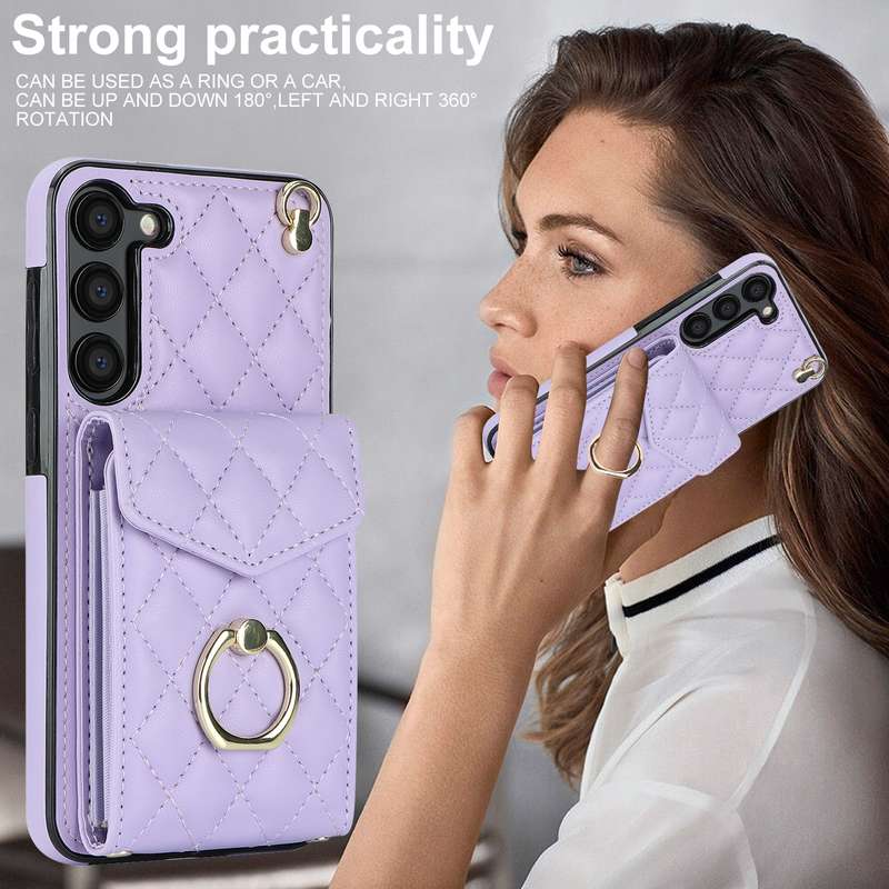For Samsung Galaxy S23 5G Rhombic Texture Card Bag Phone Case with Long Lanyard(Brown)