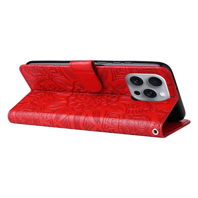 For iPhone 16 Pro Max Embossed Sunflower Leather Phone Case(Red)