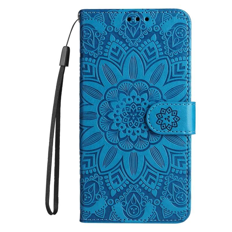 For iPhone 16 Plus Embossed Sunflower Leather Phone Case(Blue)