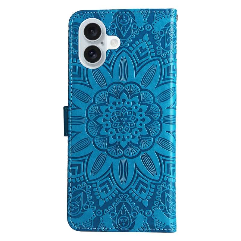 For iPhone 16 Plus Embossed Sunflower Leather Phone Case(Blue)