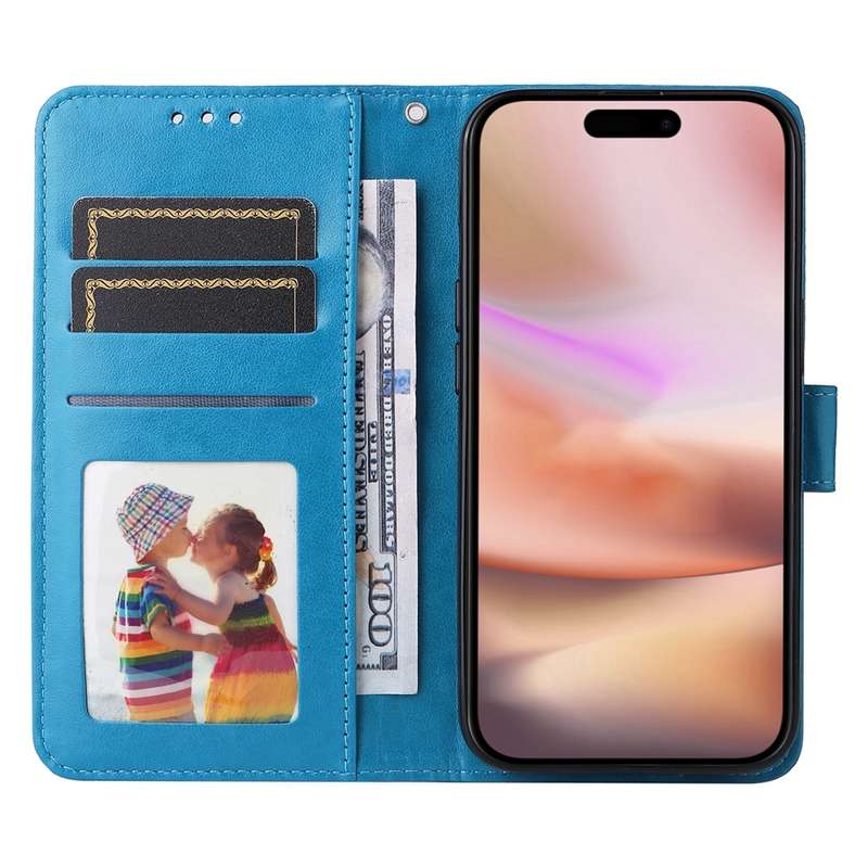 For iPhone 16 Plus Embossed Sunflower Leather Phone Case(Blue)