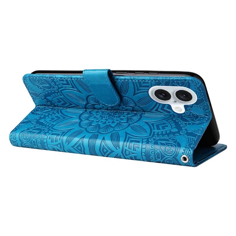 For iPhone 16 Plus Embossed Sunflower Leather Phone Case(Blue)