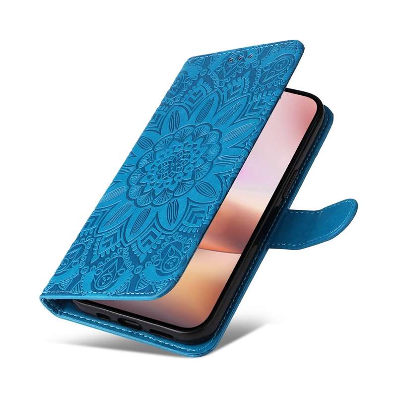 For iPhone 16 Plus Embossed Sunflower Leather Phone Case(Blue)