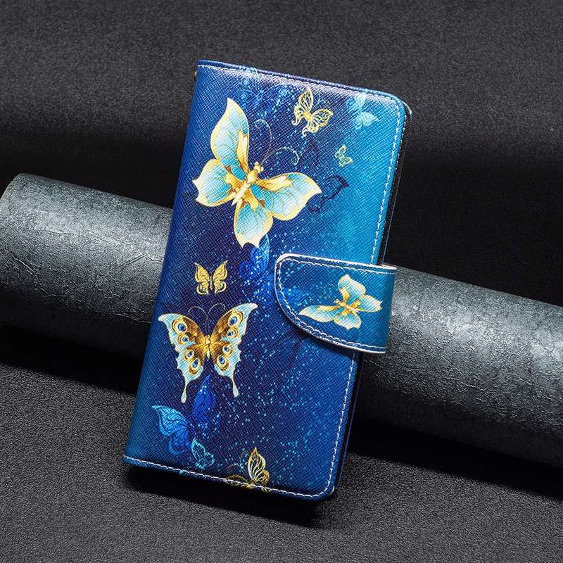For iPhone 16 Colored Drawing Pattern Zipper Phone Leather Case(Gold Butterfly)