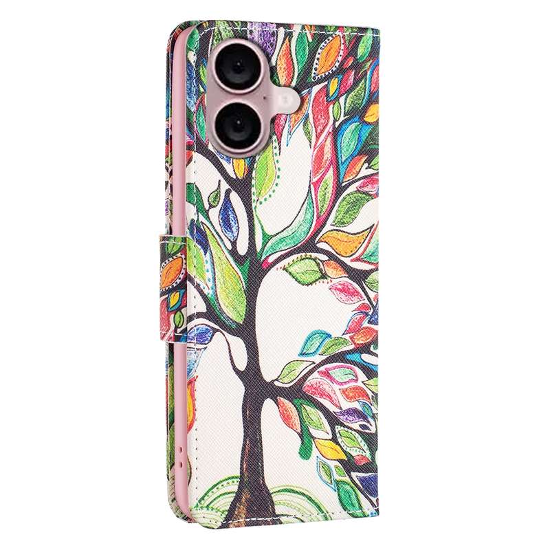 For iPhone 16 Colored Drawing Pattern Leather Phone Case(Tree Life)