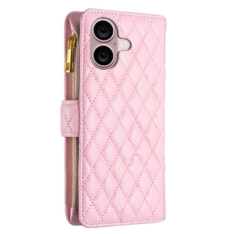For iPhone 16 Plus Diamond Lattice Zipper Wallet Leather Flip Phone Case(Pink)
