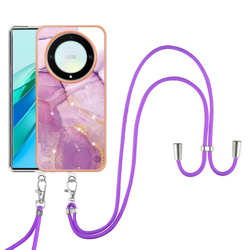 For Honor X9a/Magic5 Lite Electroplating Marble Dual-side IMD Phone Case with Lanyard(Green 003)