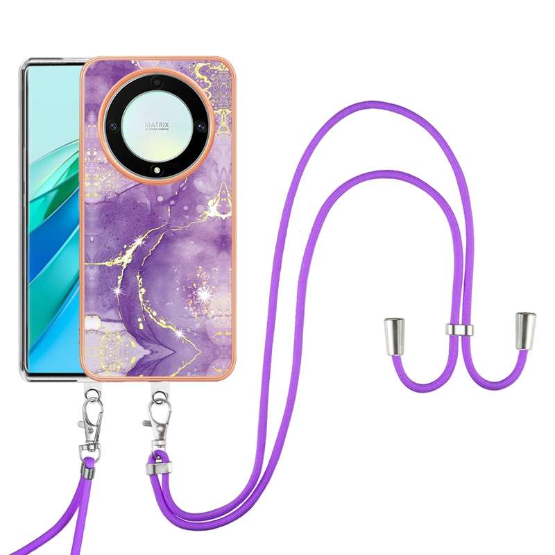 For Honor X9a/Magic5 Lite Electroplating Marble Dual-side IMD Phone Case with Lanyard(Green 003)