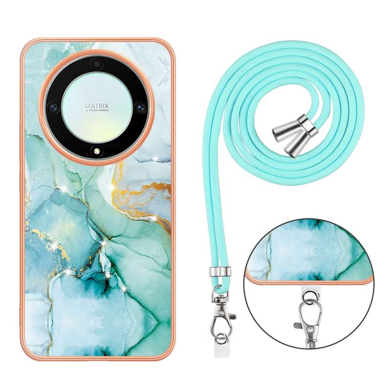For Honor X9a/Magic5 Lite Electroplating Marble Dual-side IMD Phone Case with Lanyard(Green 003)