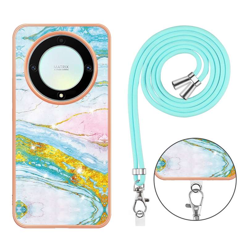 For Honor X9a/Magic5 Lite Electroplating Marble Dual-side IMD Phone Case with Lanyard(Green 003)