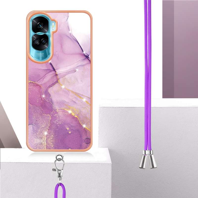 For Honor 90 Lite 5G Electroplating Marble Dual-side IMD Phone Case with Lanyard(Green 003)